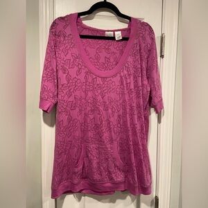 Bold Spirit Size XL Pink Semi Sheer Rose Floral Short Sleeve Pullover Hoodie Top